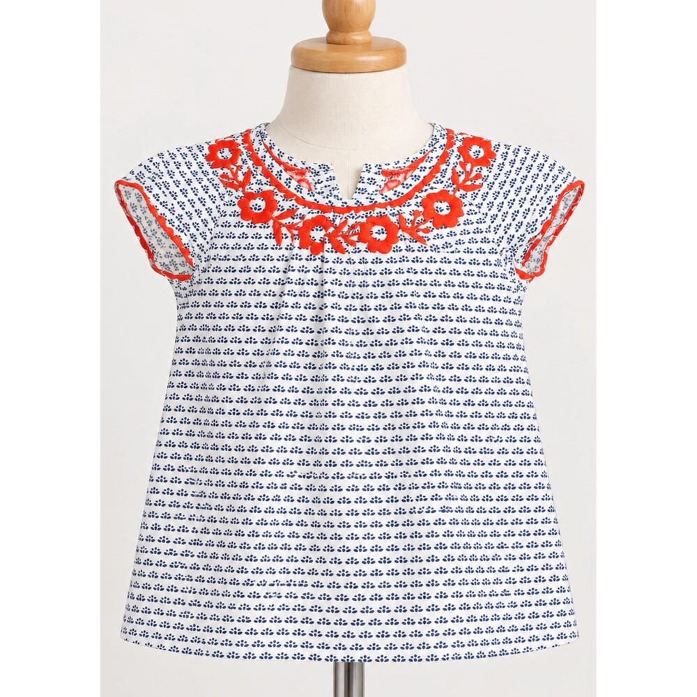 Mini Boden Girls Embroidered Floral Blouse Size 7-8Y Short Sleeve Top